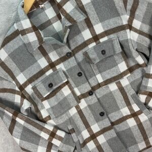 Beaully Women's Plaid Button-Up Shacket Gray Brown Wool Look Sz Medium Cozy Chic